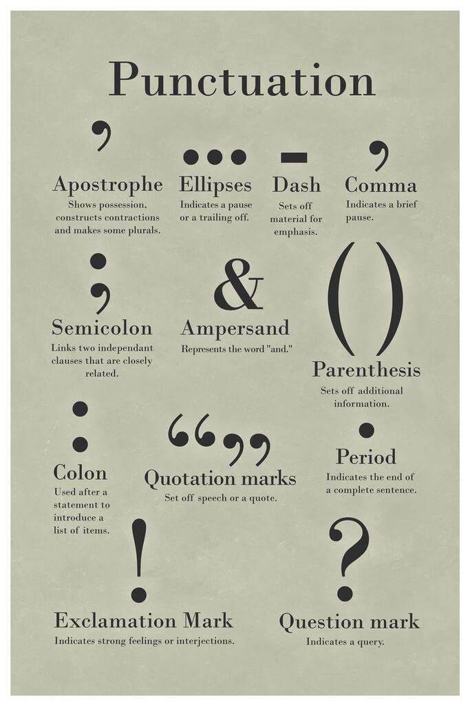 Punctuation Poster Grammar Writing English Classroom Posters Depth Knowledge Literary Terms Library Class Decorations High School Teacher Home Chart Cool Wall Art Print 16x24