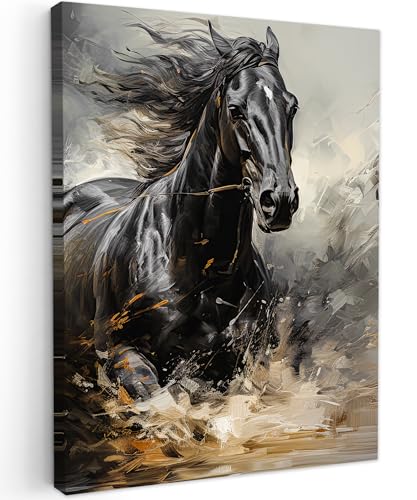 MuchoWow© Impressions sur Toile 60x80 cm Deco Tableau Murale Decoration Salon Peinture Tableaux Chambre Toiles Maison Chevaux - Noirs - Blancs - Animaux