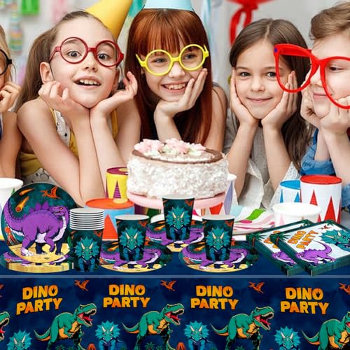 Dinosaurier Tableware Party Set, Comic Dinosaurier Thema Geschirr, Kindergeburtstag Geschirr Kit, Including Plates, Cups, Napkins, Tablecloth, Party Supplies (41PCS, 10 Guests)