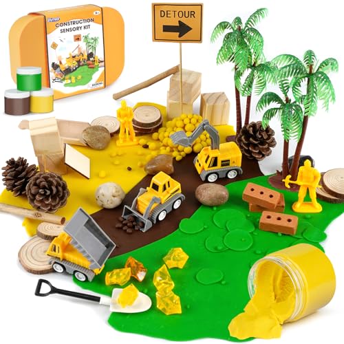 Image of Joyreal Construction Sensory Kit with 3 Jars of Non-Toxic Sensory Dough, Sensory Bin Play Dough Kit for Boys Girls, All in one Sensory Play with Storage Box