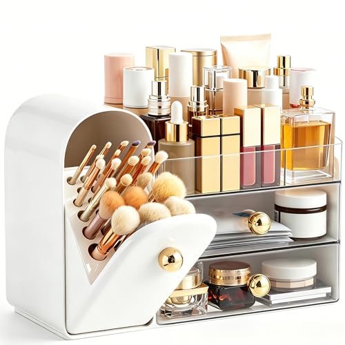 Image of HBlife Makeup Organizer Countertop with Drawers, Vanity Organizers with Brush Holder, Bathroom Counter Organizer for Perfume, Nail Polishes, Lipsticks, Skincare and Eyeshadow Palettes, White and Clear