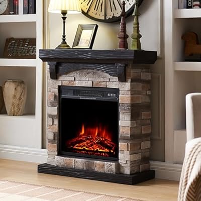 Electric Fireplace with Mantel, 28”W Faux-Stone Fireplace Mantel, Tall Fire Place Heater Freestanding with LED Flame and Brightness Control for Living Room Bedroom, 28”Wx11”Dx31”H, Tan
