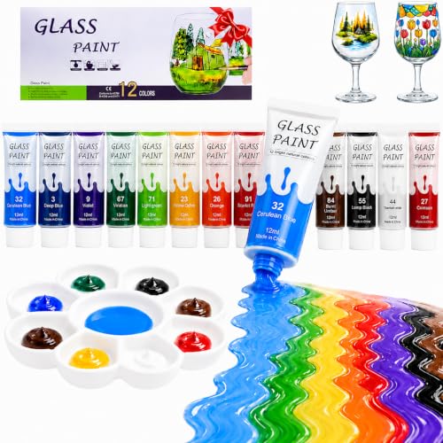 Magicdo Professional Acrylic Glass Paint Stained Transparent Glass Window Paint Set Great for Glass Painting Wine Glasses Light Bulbs Ceramic Non-Toxic Waterproof Acrylic Enamel Paint Kit for Christmas Art Decor(12 Colors / 5.04 Oz)