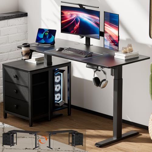 Image of REAHOME Electric Standing Desk with Drawers, 47 x 24 Inches Height Adjustable Sit Stand Desk with Storage, 3 Memory Preset Home Office Computer Desk, Printer Cabinet, 2 Hooks, Cable Management, Black