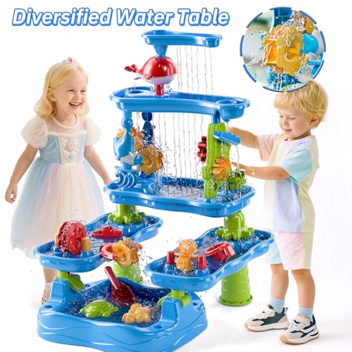 BLmukce 5-stufiger Sand- und Wassertisch mit pumpendem Elefant, Outdoor Sensorik Spielset für Kinder, Sommer Strandspielzeug für Kleinkinder 2-3 4-8 Jahre, Wassertisch mit Zubehör für Jungen Mädchen