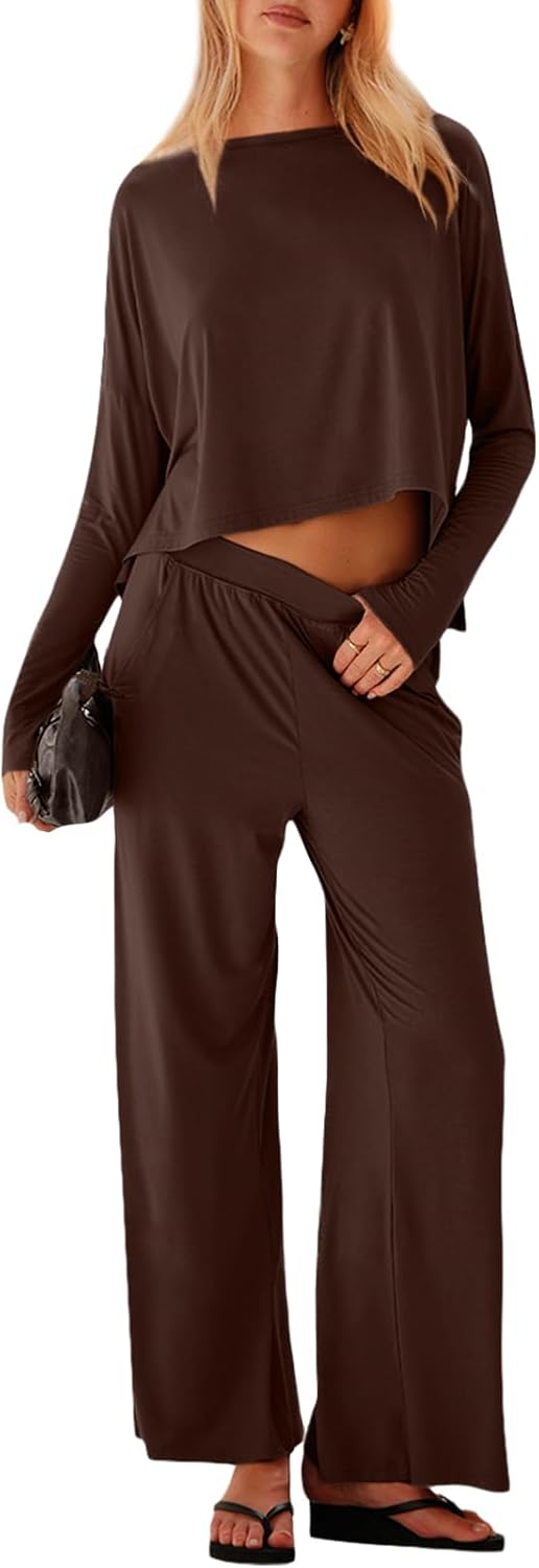 UNIANKIYA Womens 2 Piece Lounge Set Long Sleeve Oversized Crop Tops and Wide Leg Pants with Pocket Casual Pajama Matching Set