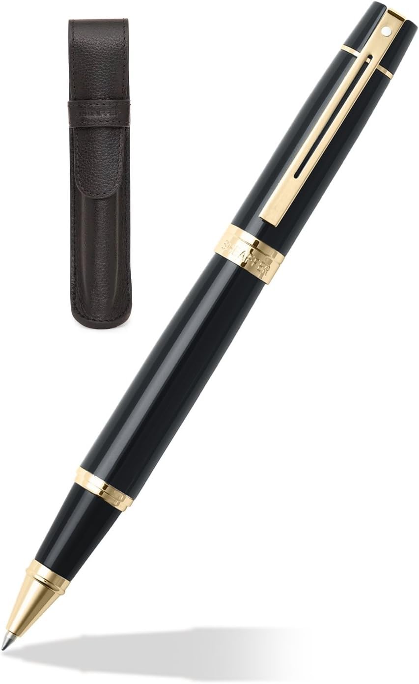 Amazon.co.jp: Sheaffer 300 光沢ブラック ゴールドトリムペンとレザー