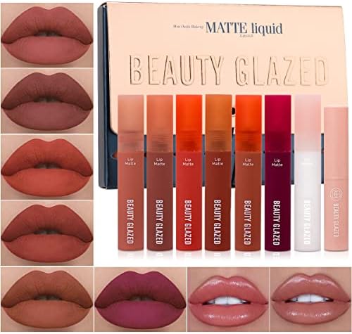 NICEFACE 8Pcs Matte Liquid Lipstick & Lip Balm Set, Waterproof Long-Lasting Velvet Lip Gloss with Lip Plumper Oil for Moisturized Nude Lips - Perfect Makeup Set Gift (8PCS)