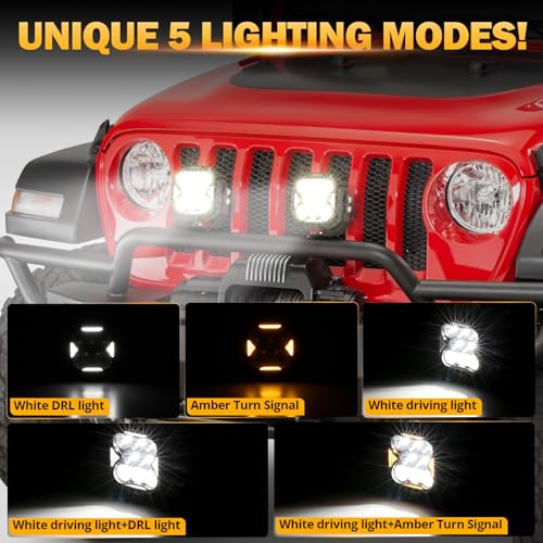 Image of Auxbeam Cube-Z Series 4 inch Led Pods Lights with Amber Covers, 112W 12800LM Flood Spot Combo Offroad Driving Lights with DRL Turn Signal, Cube Ditch Light with DT Wiring Harness for Jeep ATV UTV, Pair