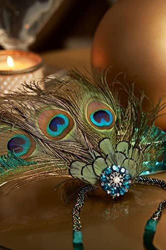 ArtiDeco Damska opaska na włosy inspirowana pawimi piórami w stylu lat 20. XX wieku, inspirowana Great Gatsby, damska opaska do kostiumu