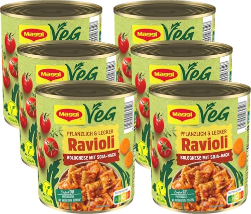 MAGGI Veg Ravioli Bolognese mit Soja-Hack: Teigtaschen in pflanzlicher Bolognese, ohne Fleisch (vegan), leckeres Camping Essen, 6er Pack (6 x 800g)