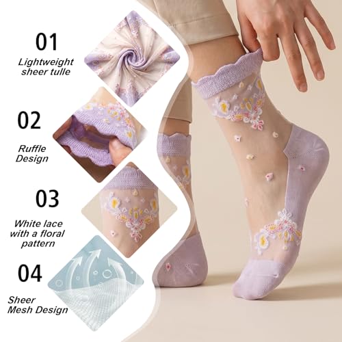 Image of 5 Pack Flower Sheer Socks for Women Ruffle Lace Ankle Socks