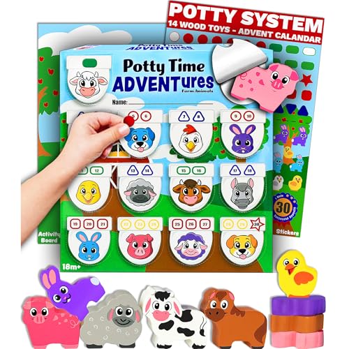 Image of Potty Training Reward System - 14PC Wooden Stacking Blocks with Farm Animal Themed, Montessori Behavior System Advent Calendar for Toddlers 18M+ Boys Girls by Lil Advents