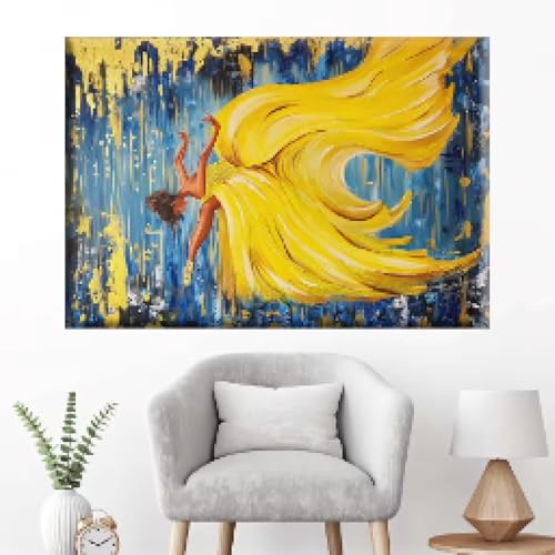 Peinture sur toile abstraite de ballet de 80 x 120 cm robe jaune decoration murale grand format