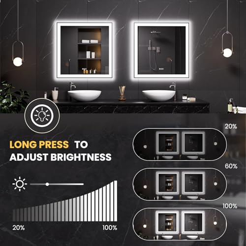 LOAAO 32"X32" LED Bathroom Mirror Black Framed, Anti-Fog, Dimmable, Lighted Bathroom Vanity Mirror for Wall, Memory Function, Tempered Glass