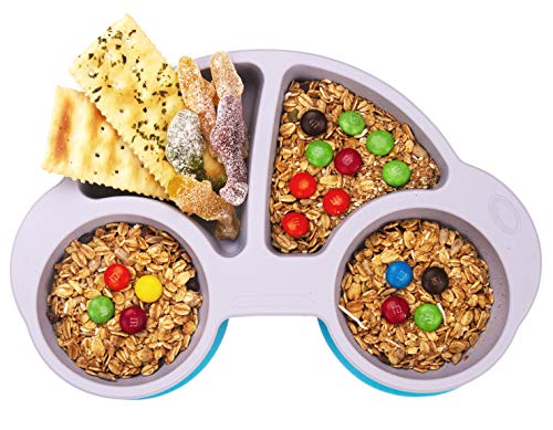 Silicone Divided Toddler Plates - Portable Non Slip Suction Plates for Children Babies and Kids BPA Free Baby Dinner Plate (Car-Gray New)