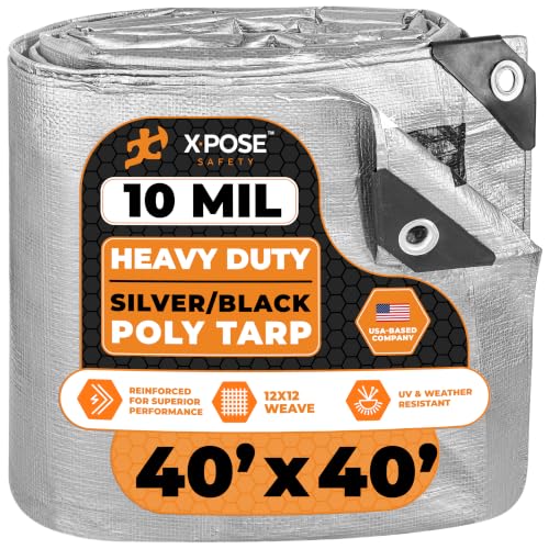 Image of Heavy Duty Poly Tarp - 40' X 40' - 10 Mil Thick Waterproof, UV Blocking Protective Cover - Reversible Silver and Black - Laminated Coating - Grommets - by Xpose Safety