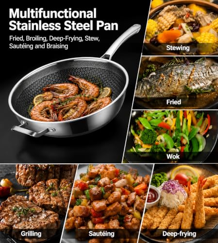 Image of Toutrop Wok Pan,Hybrid Nonstick 14 Inch Wok with Lid,Induction Non Stick Stainless Steel Large Deep Woks&Stir-Fry Pans,Stay-Cool Handle Skillets,PFOA Free Cookware