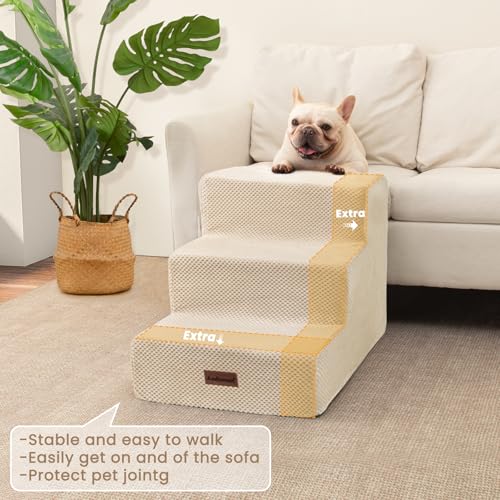 Image of Aodisman Dog Stairs for Small Dogs,Wider 3-Step Pet Steps for Couch & Bed | High-Density Foam Dog Steps with Anti-Slip Bottom,Easy for Puppies,Older Cats & Dogs to Reach Sofas & Chairs,Beige,15.7 inch H