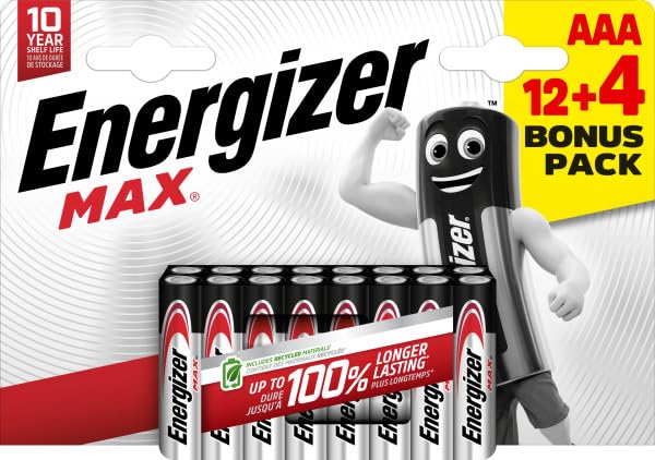 Energizer   MAX, Pack de 12+4 Pilas AAA, Larga duración para Uso Cotidiano, sin sulfataciones y con 10 años de Vida útil