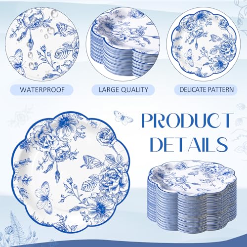 Image of Funnymoom 60 Pcs 7 Inch Blue Floral Plate Blue and White Toile Scalloped Paper Plates for Dessert Disposable Vintage Flower Party Decor Tableware for Spring Wedding Bridal Shower Tea Party Supplies