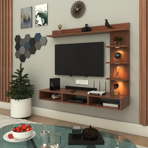 Image of Anikaa Tyron Engineered Wood Wall Mount TV Unit /TV Stand /Wall Set Top Box Stand /TV Cabinet /TV Entertainment Unit with LED Light (Walnut)(Ideal for Upto 42 inch)(D.I.Y)