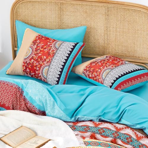 Image of Wake In Cloud - Boho Comforter Set, Bohemian Chic Colorful Medallion with Geometric Botanical Flowers and Horizontal Stripes, Soft Lightweight Bedding, 3 Pieces, Red Teal, King Size