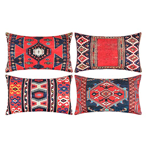 Lot de 4 Housses de Coussin en Lin de Coton Oblongues Farmhouse Taie d'oreiller Décoratif Antique Oriental Tapis Turc Imprimé avec Fermeture Glissière Invisible pour Canapé Chaise de Salon,30x50 cm