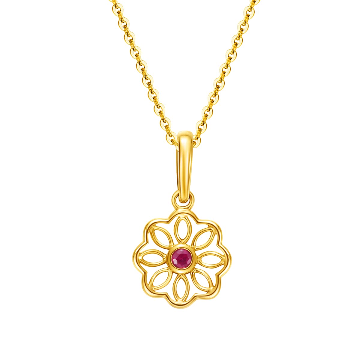 FANCIME Collana Ciondolo Fiore Piccolo in Oro Giallo 14 carati (585) Solido con Vero Naturale Rubino Minimalista Regalo Gioielli per Donna Ragazza - Catena Lunghezza: 40 + 5 cm