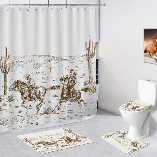 Faitove 4-teiliges Vintage-Western-Cowboy-Duschvorhang-Set mit Teppichen, WC-Deckelbezug und Badematte, Wildpferd, Wüste, Kaktus, Duschvorhang-Set für Badezimmer, wasserdichtes Polyester