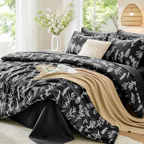 Image of MUXHOMO Black King Comforter Set, Elegant Floral Print Bed in a Bag 7 Pieces, Ultra Soft & Breathable Reversible Botanical Pattern Bedding Set with Comforter, Sheets, Pillowcases, and Shams