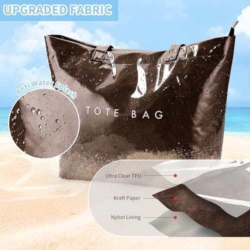 Image of KALIDI PVC Zipper Tote Bag, Jelly Kraft Paper Beach Bag Large Hobo Carry All Travel Shopping Handbag Plastic Shoulder Bag