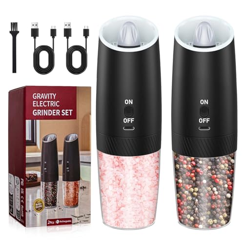 YANJDKLA Rechargeable -Electric Pepper and Salt Grinder Set,with Gravity Sensing Switch and LED Light,One Hand Automatic Operation, Adjustable Coarseness, Matte Black 2 Pack