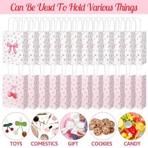 24 قطعة من حقائب الهدايا الوردية والكرز الاحمر، حقائب حلوى كوكيت مع مقابض فيونكة، حقيبة يد ورقية للبنات والنساء، الكرز عيد الميلاد وحفلات استقبال المولود الجديد، لوازم حفلات استقبال المولود الجديد