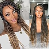 Suntefic Braided Wig for Black Women Human Hair Blended Glueless Full Double Breathable Lace Front Braids Wig with Baby Hair Lightweight Handmade African American Braided Wigs (Ombre Blonde, 32 Inch)