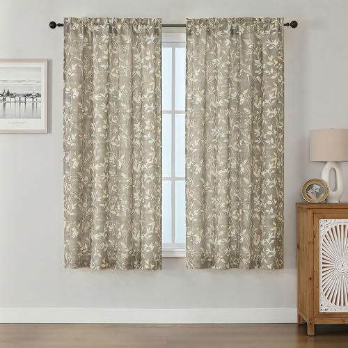 Image of Chyhomenyc Linen Blend Window Curtains 63 Inch Length 2 Panels, Light Filtering Floral Printed Curtain Drapes for Living Room, Rod Pocket Soft Bedroom Curtain Panels, 38Wx63L Inch, Taupe