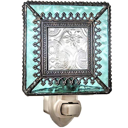 J Devlin Glass Art Stained Glass Night Light, Blue, Aquamarine, Ocean, Plug in nightlight for Bedroom/Bathroom/Stairway/Hallway Home Decor NTL 166