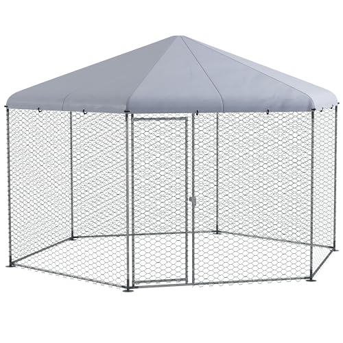 Pawhut Recinto Per Galline In Acciaio Galvanizzato, Pollaio Con Tetto Anti Uv Impermeabile E Porta Bloccabile Per 10-15 Galline, Anatre, Conigli, 4X3.
