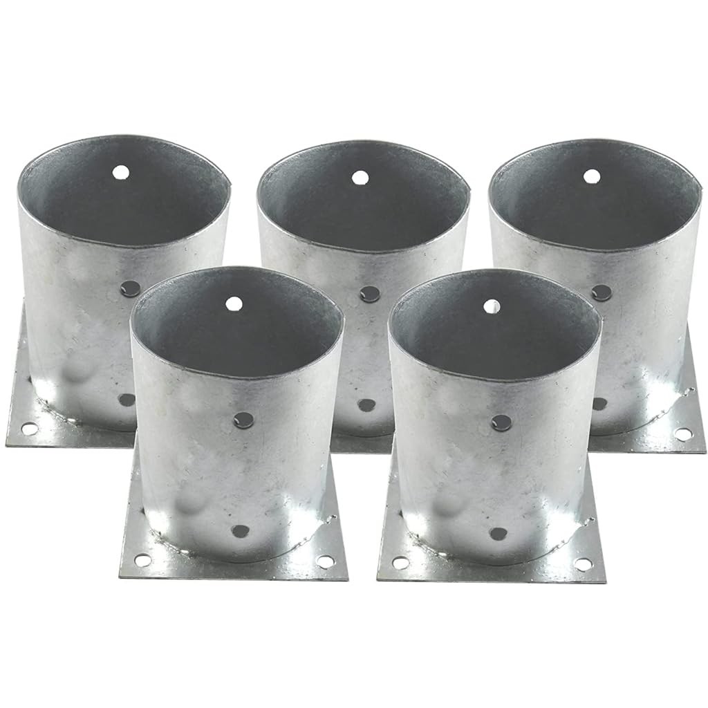 Suinga Base para Poste 10 cm Zincada Acero | Pack 5 Soportes para Postes de Madera Redondos para Anclaje en Suelo | Escuadras Metalicas de Altura 15 cm para Fijacion de Vallas, Vigas Madera
