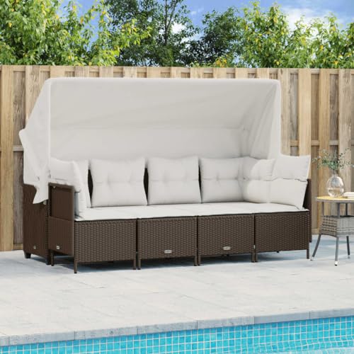 2. Braunes Poly Rattan Gartensofa-Set mit 5 Teilen, ausklappbarem Sonnendach, kuscheligen Kissen und Fu?hocker 2. Braunes Poly Rattan Gartensofa-Set mit 5 Teilen, ausklappbarem Sonnendach, kuscheligen Kissen und Fu?hocker