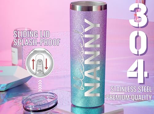 Image of Onebttl Christian Grandma Gifts for Mother's Day, 20oz Purple & Blue Glitter Skinny Tumbler, Straw & Lid Included, Nanny Gifts - Blessed Nanny