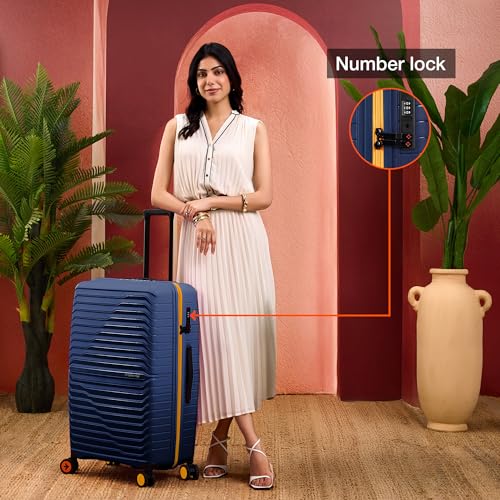 Image of Nasher Miles Cairo Hard-Sided Polypropylene Check-in Luggage 28 inch | 75cm | 8 Wheels Large Trolley Bag for Travel | Suitcase (Navy Blue & Yellow)
