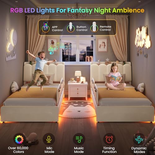 Image of DICTAC Twin Size LED Bed Frame with Storage Drawer and Safety Guardrails, Velvet Upholstered Platform Bed for Kids with Chic Wavy Storage Headboard, Charging Station, Heavy Duty Metal Support, Beige