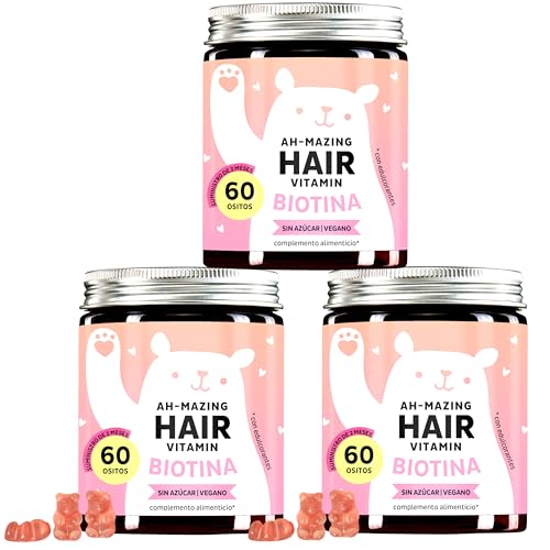 Gominolas de biotina Ah-mazing Hair, Pack de 3 – Vitaminas para Pelo, Piel y Uñas – 5000 µg de Biotina, Zinc, Vitaminas B6, B9, C, E – 180 Unidades (6 Meses), Veganas, Sin Azúcar, Bears with Benefits