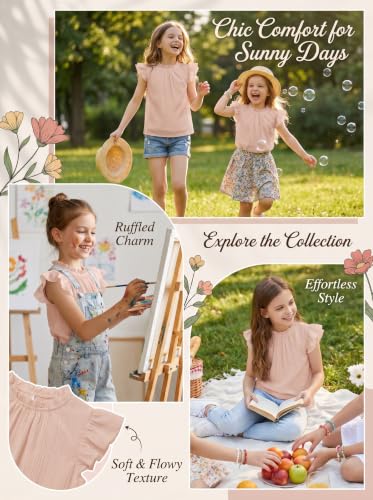 Image of Arshiner Girls Ruffle Short Sleeve Shirts Cute Summer Frill Neck Pleated Textured Blouse Tops