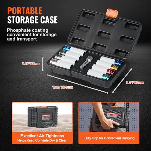 Image of VEVOR 9-Piece Lug Nut Impact Socket Set 1 /2 Inch Drive, Metric and SAE, 6-Point, CR-MO, Deep Wheel Protector Impact Socket Set With Storage Case and Extension Bar for Auto Repair