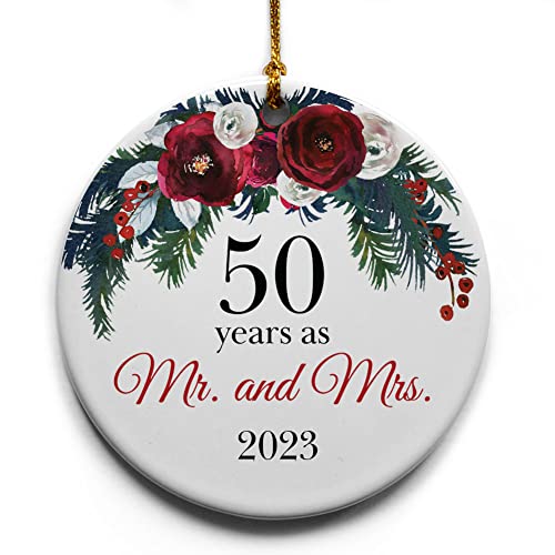 50 Years As Mr. And Mrs. Ceramic Christmas Tree Ornament Collectible Holiday Keepsake 2.875" Round Ornament In Decorative Gift Box With Bow- Perfect 50Th Wedding #TOP26