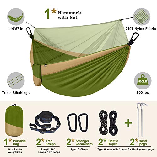 Image of Camping Hammock with Net,Portable Lightweight Double Hammocks with Tree Straps and Solid D-Shape Carabiners,Parachute Nylon Hammock for Backpacking Beach Backyard Patio Hiking Green&Khaki