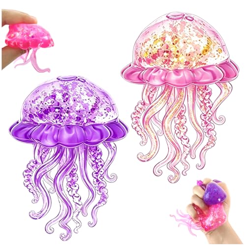 2 Pack Glitter Jellyfish Squishy Toy Squishy Fidget Toys for Kids & Adults Soft TPR Squishies with Flexible Tentacles Slow Rising Stress Cube Squeeze Toy for Office School & Travel (Style3)