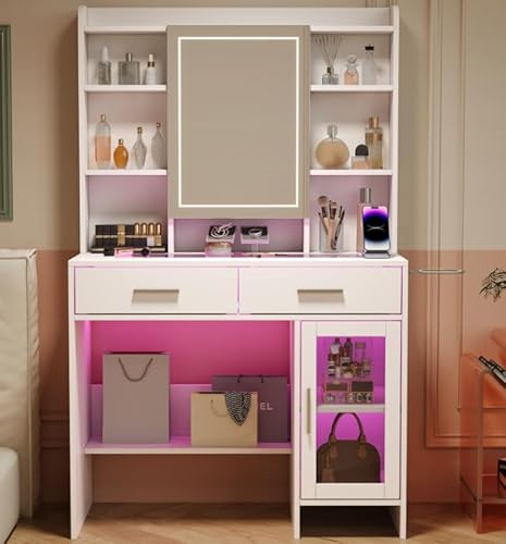 Tocador con espejo LED y bandeja de cristal